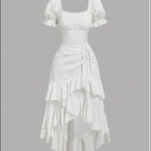 ชุดกระโปรงแขนพองโบว์รูดเชือกขอบแยก